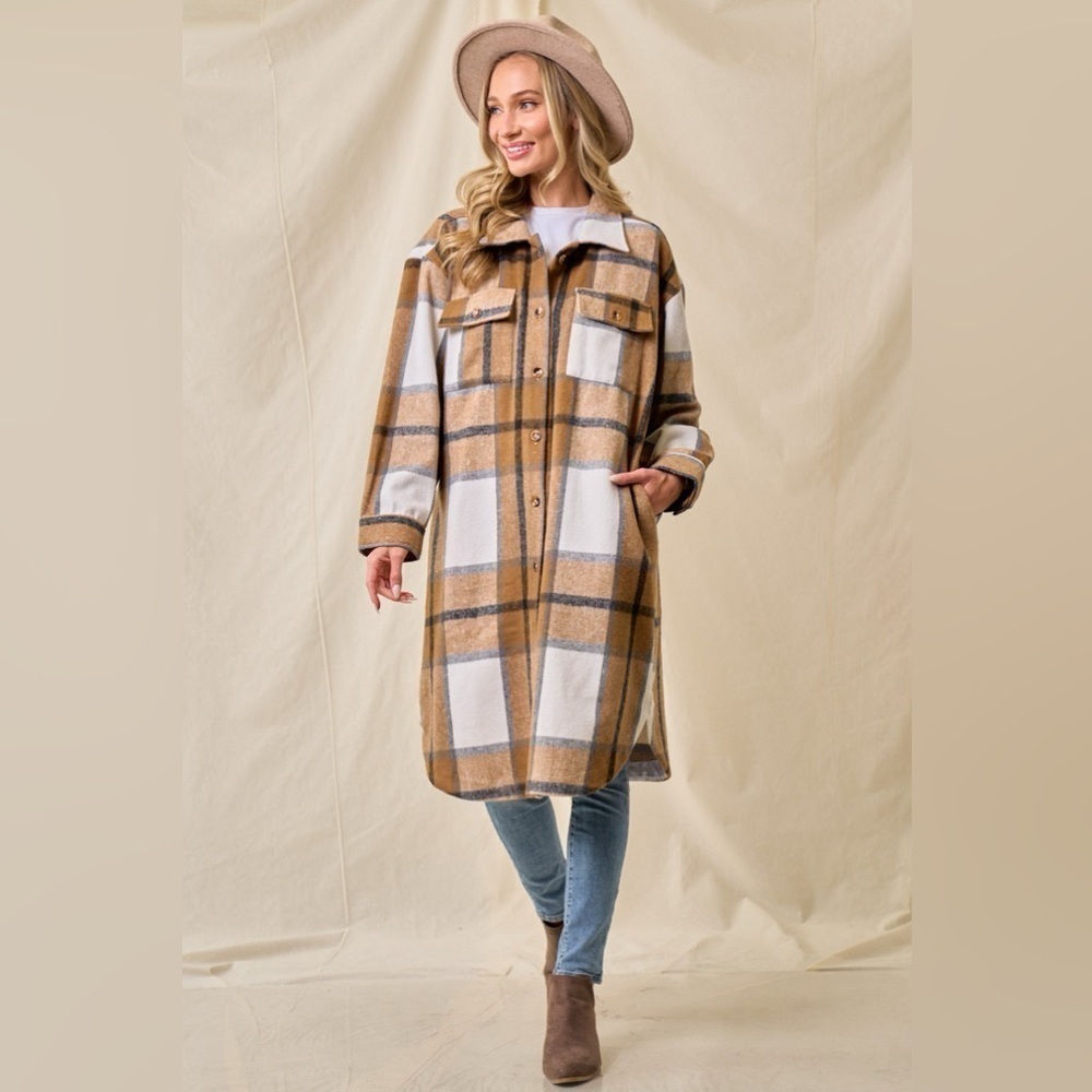 New! Brushed Long Tan Shacket with pockets - Picture 3 of 4